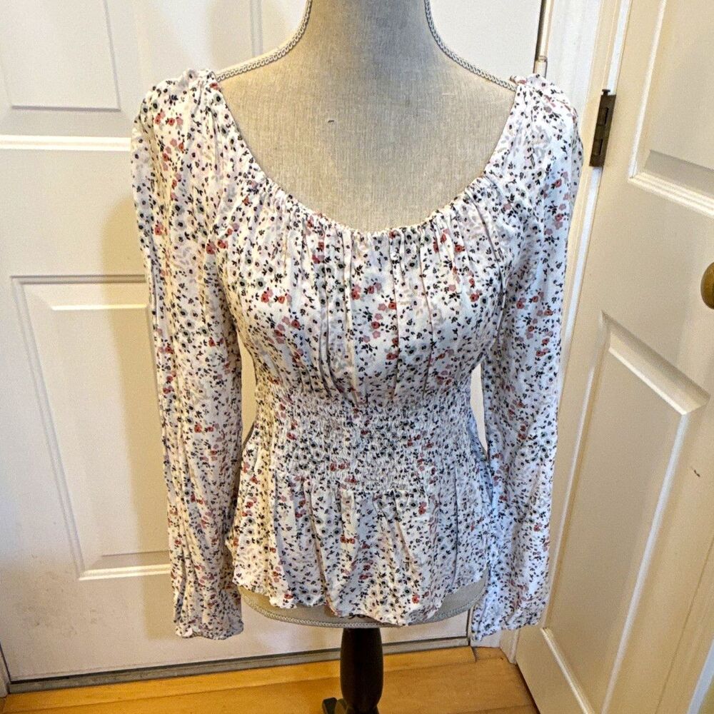 Babydoll Floral Smocked Square Neck Peplum Blouse Long Sleeve Viscose Size L